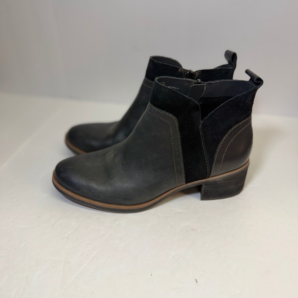 Korks Women Black Leather Suede Ankle Boots Q43803 Block Heel Zip Up 7M